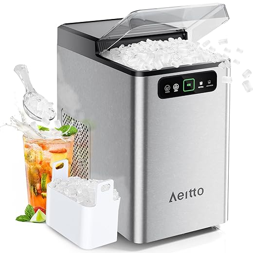 Aeitto Nugget Ice Maker 40Lbs/24H, Countertop Soft Chewable Ice Pebble Ice Machine, One-Click Operation, Auto Self-Cleaning Ice Makers with Scoop&Basket for Home, Office, Kitchen, Party (Silver)