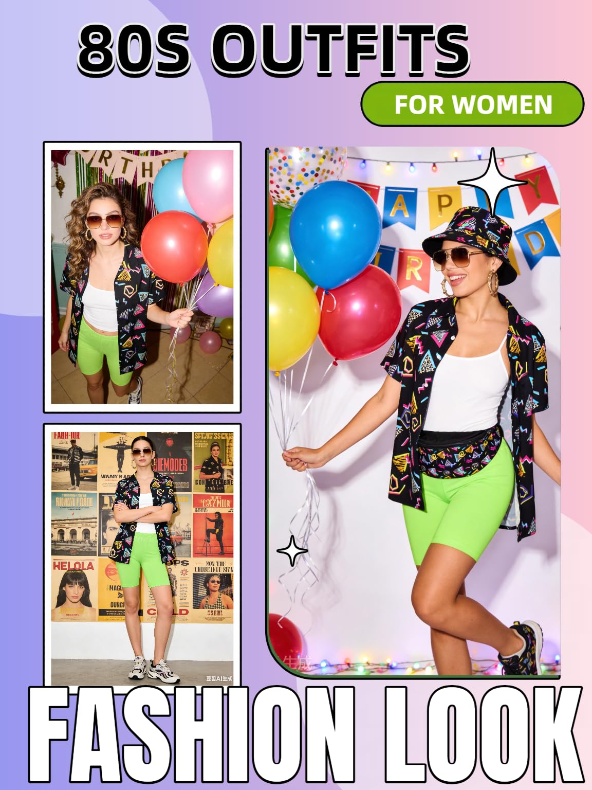 Verceco Trajes de los años 80 para mujer, disfraz de hip hop de los años 90 para adultos con camisa estampada de fiesta temática de los años 90 y juegos de accesorios retro de 7 piezas