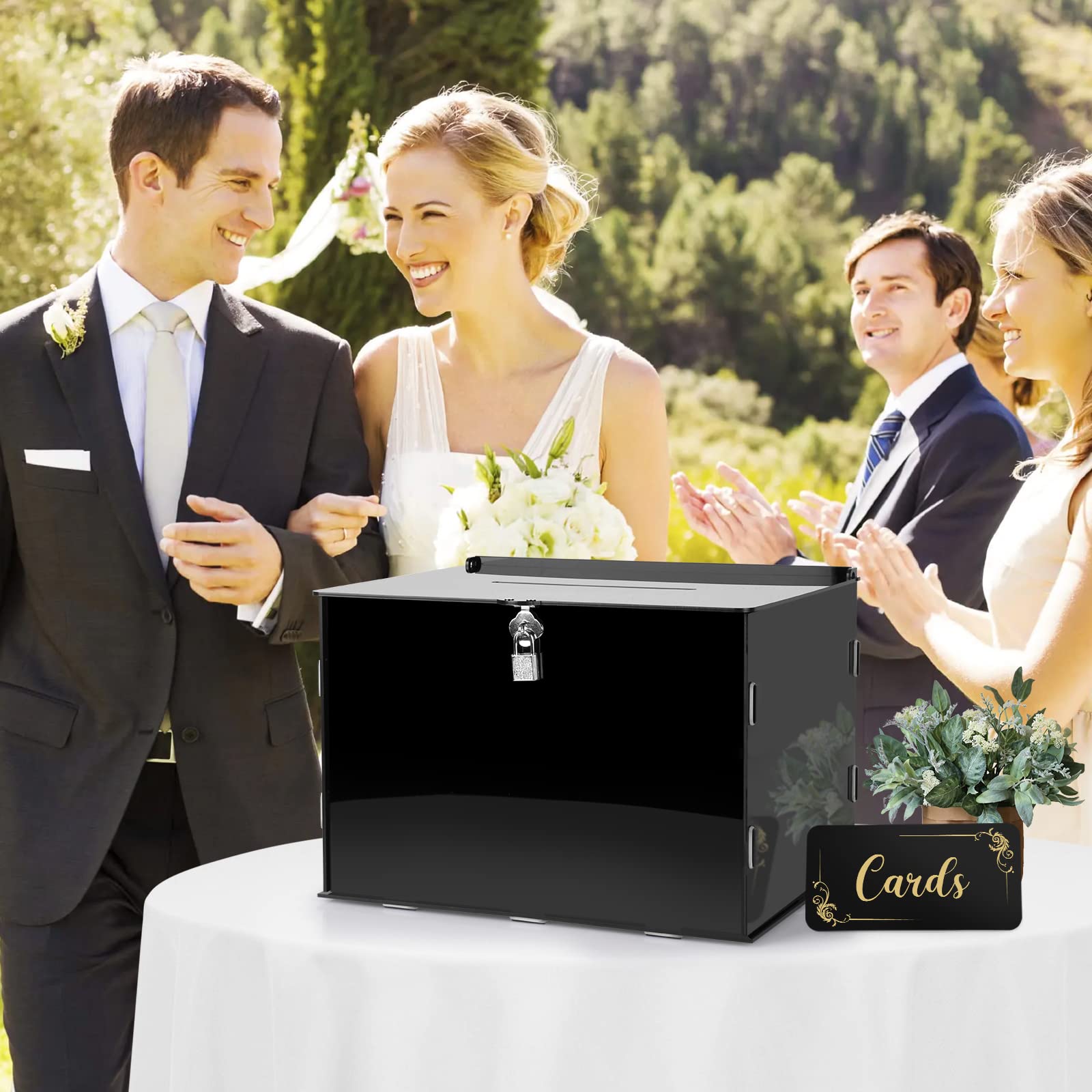 Fowecelt Caja de tarjetas de boda de acrílico negro con cerradura, caja de tarjetas rústica para recepción de boda, despedida de soltera, cumpleaños, baby shower graduación