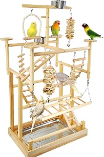 LiMio Natural Wood Bird Playground - Parrot Playstand with Perches, Toys, Swing, Removable Tray & 4 Stainless Cups for Cockatiels, Parakeets