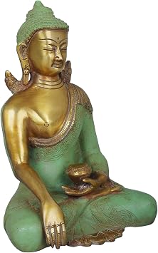Exotic India Solemn Shakyamuni, The Momentous Bhumisparsha Mudra - Brass Statue - Color Patina GoldColor