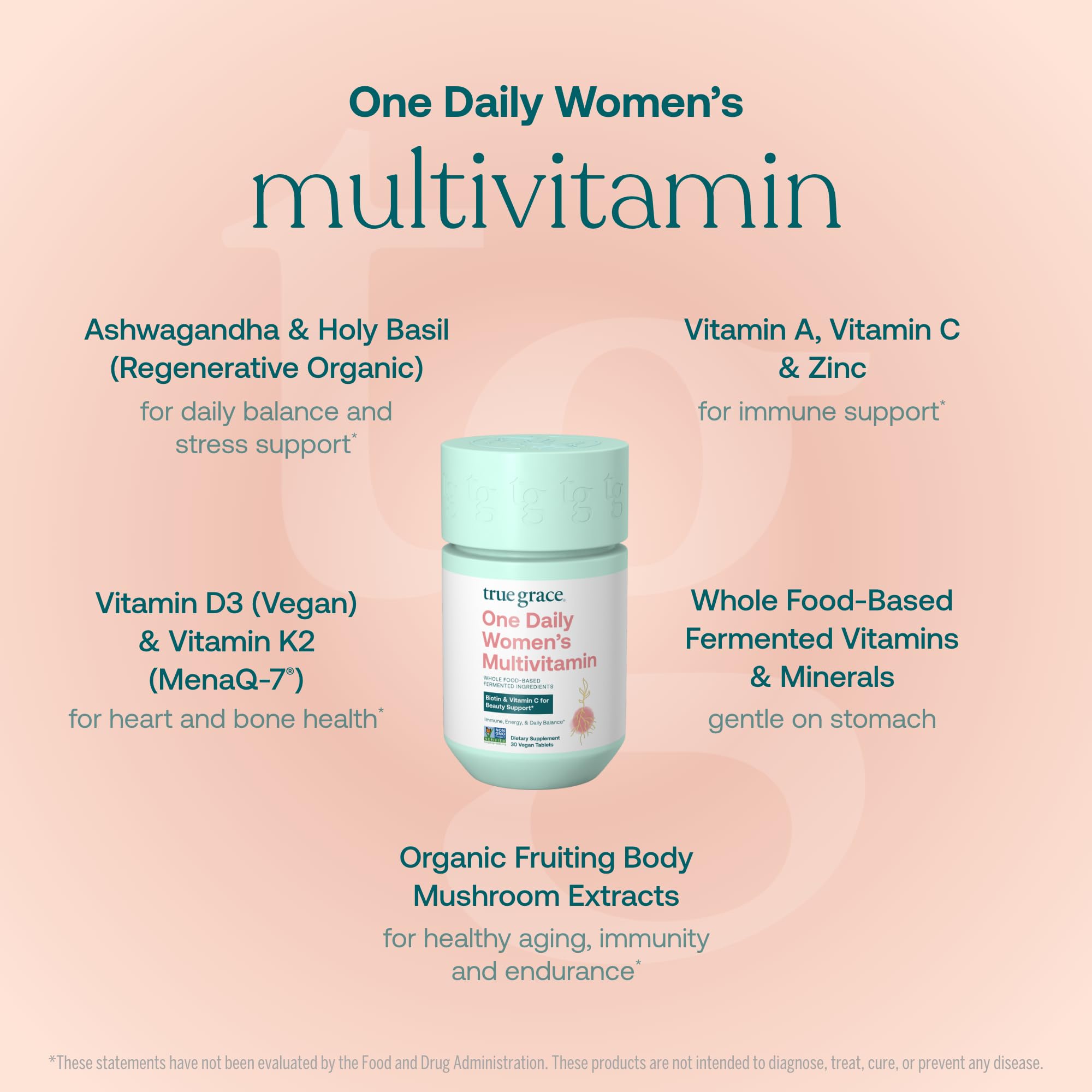 True Grace One Daily Women’s Multivitamin Fermented Minerals, Organic Adaptogens & Mushrooms Whole Body Balance, Immune, Energy, Beauty Support - Non-GMO, Gluten Free, Soy Free - 30 Vegan Tablets — Amazon image 4