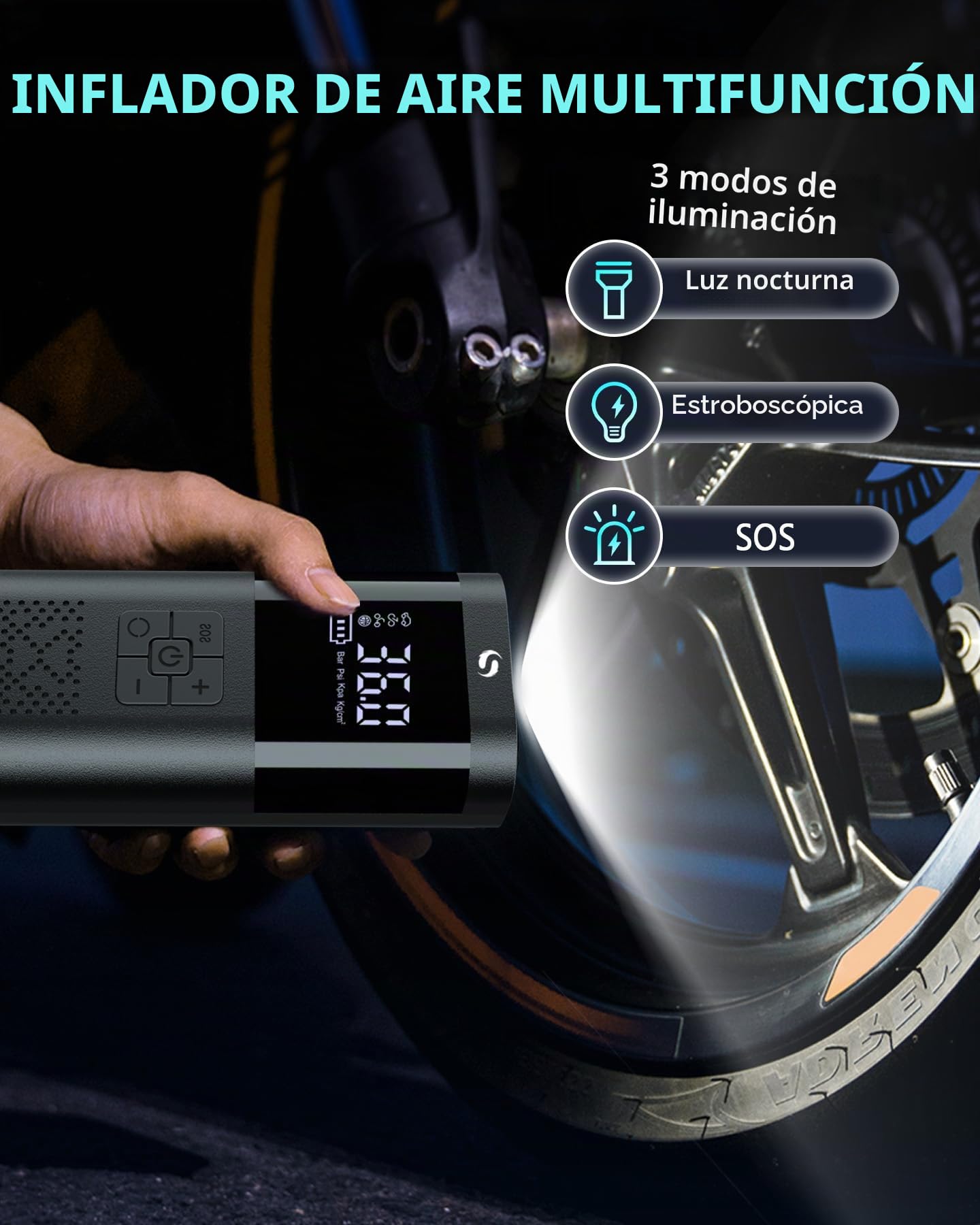 Compresor Aire Portatil, Inflador Ruedas Coche, Mini Compresor Aire Coche con Manómetro, 150PSI Inflador Electrico, Accesorios Coche, con Luz LED para Coche Moto Bicicleta Bola