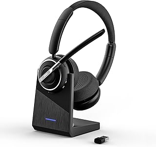 PrancyBt Bluetooth Headset, V5.2 Wireless Headset with AI Noise Cancellation Microphone, On Ear Headphones with Charging Base & Bluetooth Adapter, for Computer Home Office Call Center Zoom Skype
