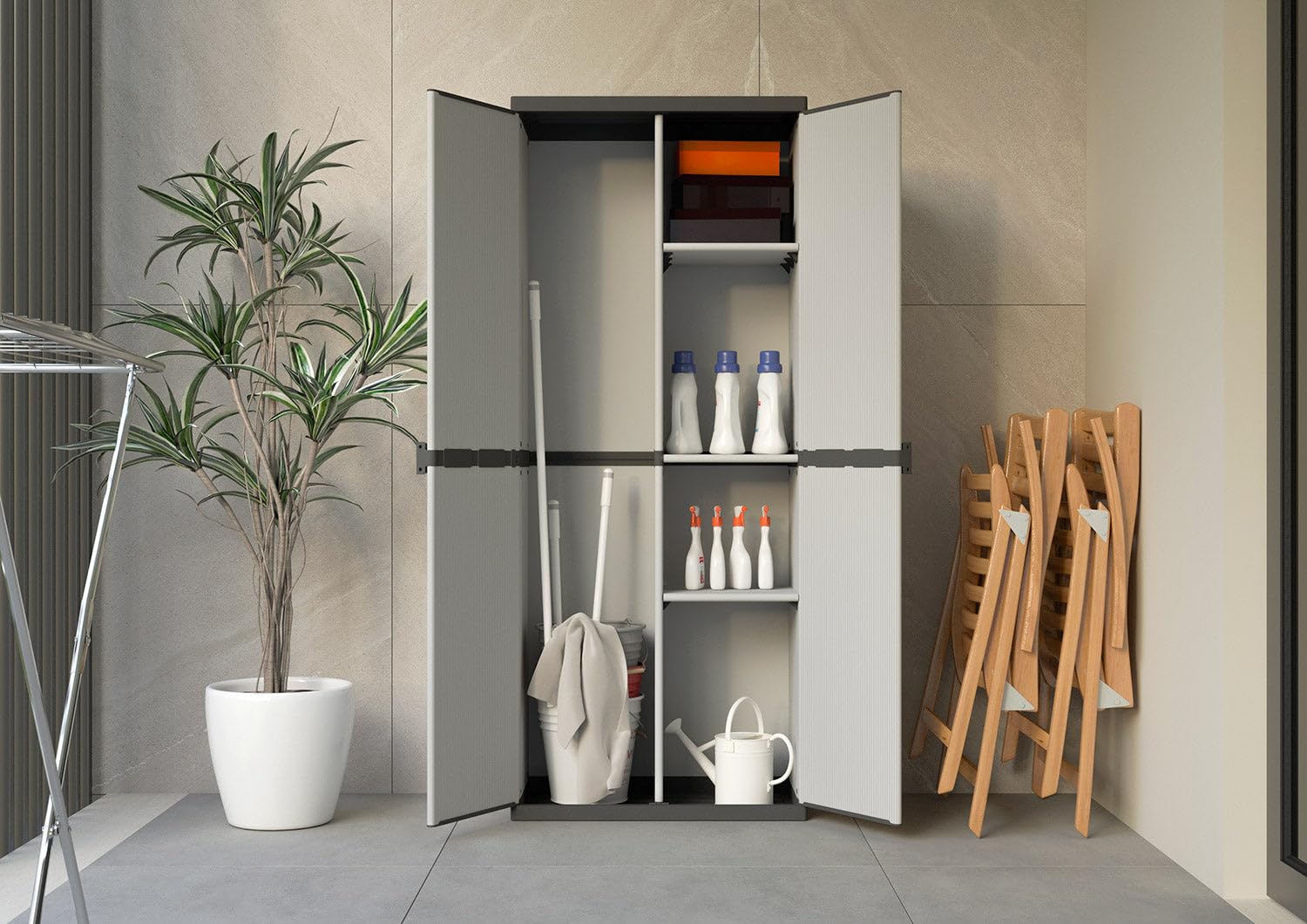 Bonussi Armadio Portascope da Esterno 68x40x165 cm 2 Ante 4 Ripiani in Resina Grigio