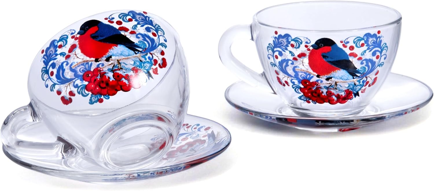 Bullfinches Glass Tea Cup and Saucer Set of 2 Glass Teacups 6.8 fl oz (200 ml) Cup with Matching Saucers for Two, Christmas Dinnerware, Tea Coffee Set for 2, Coffee Cups, Dishwasher and Microwave safe
