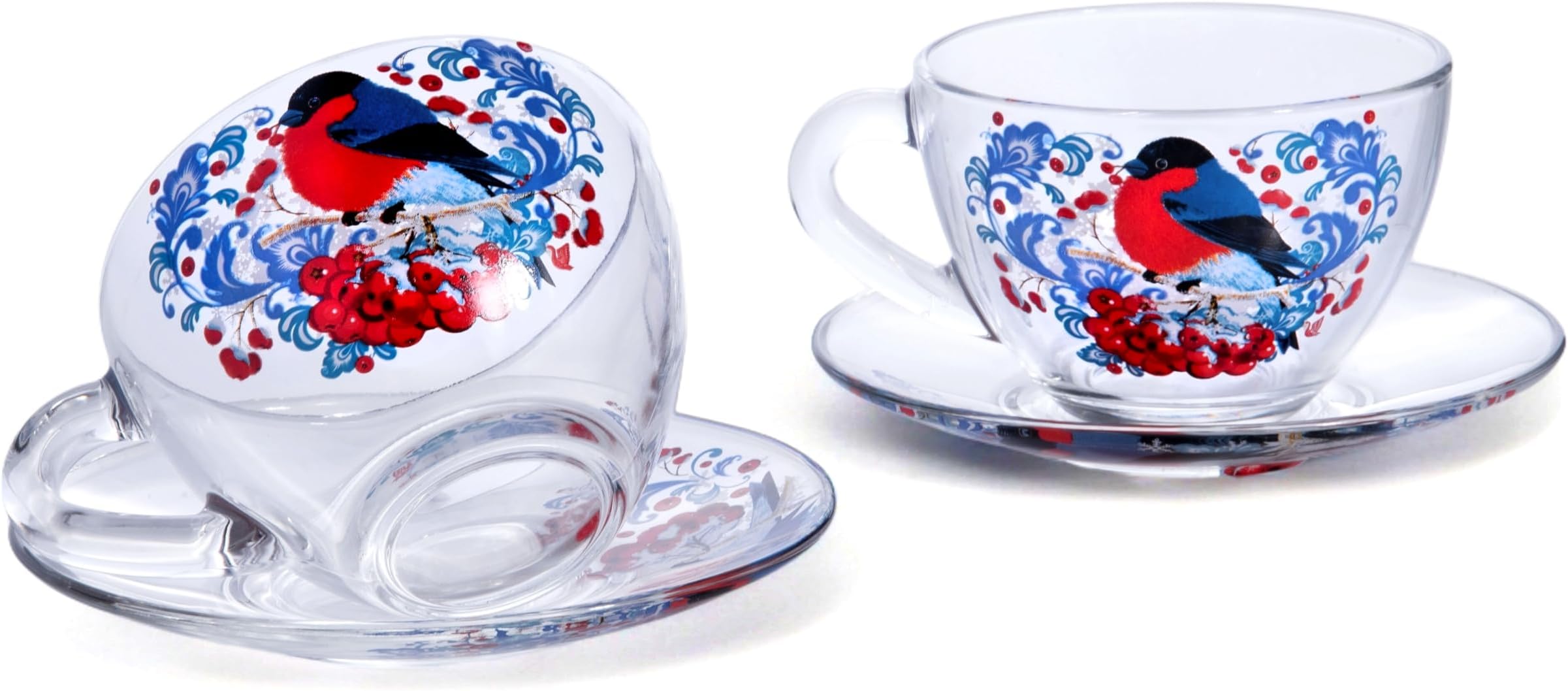 Bullfinches Glass Tea Cup and Saucer Set of 2 Glass Teacups 6.8 fl oz (200 ml) Cup with Matching Saucers for Two, Christmas Dinnerware, Tea Coffee Set for 2, Coffee Cups, Dishwasher and Microwave safe