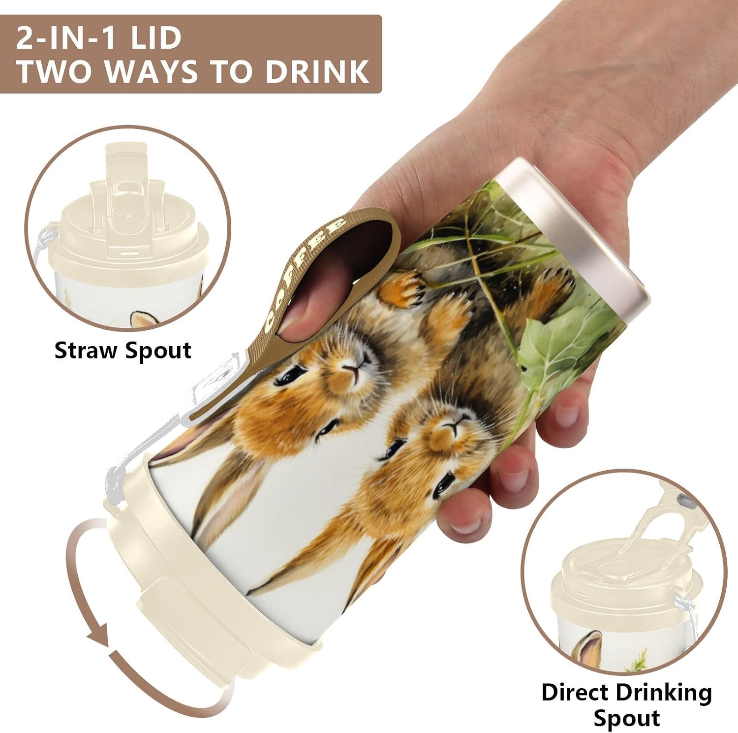 Hare Watercolor Grass Insulated Coffee Mug with Straw & Flip Lid, 16.9oz Iced Tumbler Cup, Double Wall Vacuum Mug for Travel Office