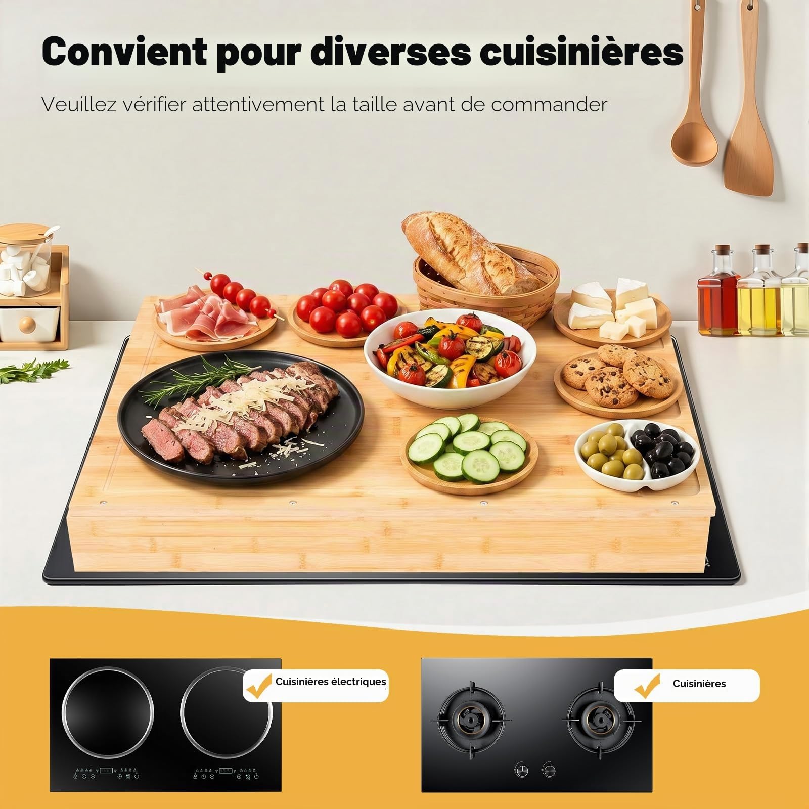 Cache-plaques de cuisson en bambou, multifonction, pour cuisinière ou évier, 75 x 54 cm