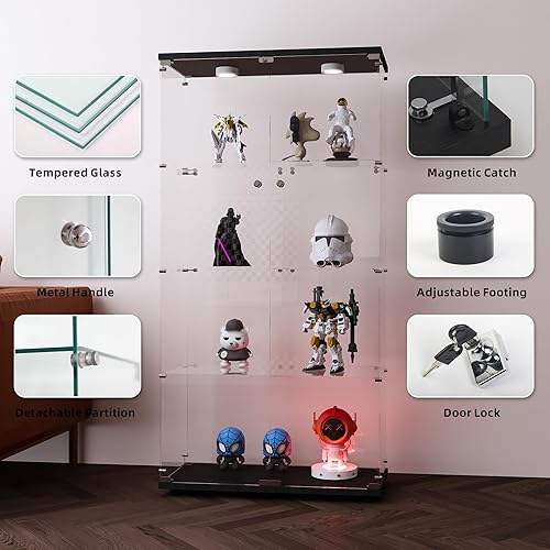 Miniatura 35 de FANYUSHOW Vitrina de cristal templado con 4 estantes con cerradura de seguridad, estante de exhibición de 0.197 in para sala de Blanco,Negro