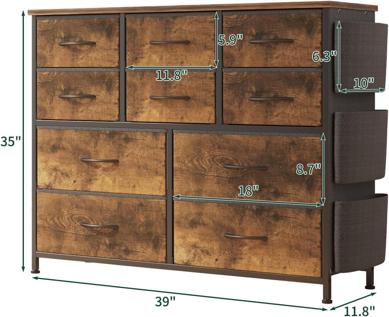 Jojoka Dresser for Bedroom, 10 Drawers Fabric Storage Drawer, Dressers & Chest of Drawers with Side Pockets, Hooks, Wood Tabletop for Closet, Living Room, Hallway (Brown)