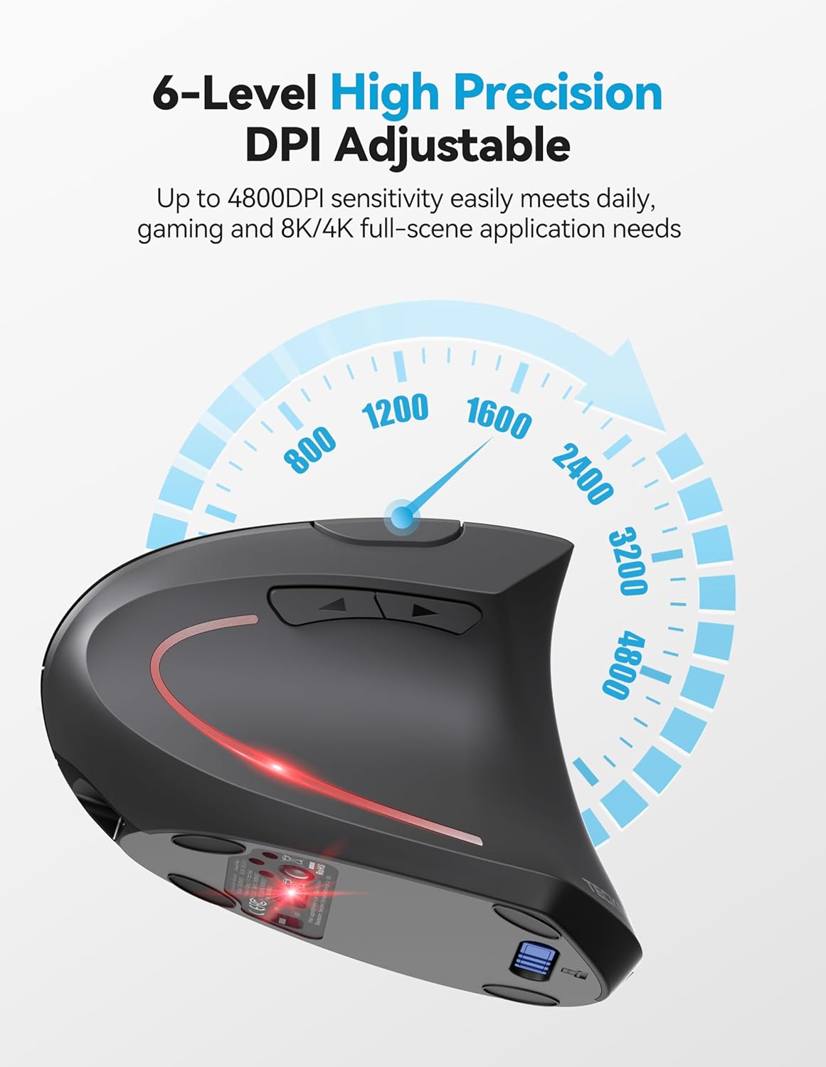 TECKNET Ergonomic Mouse, Rechargeable 2.4G+Bluetooth Vertical Mice 6 DPI Adjustable, Wireless Optical Carpal Tunnel Mouse Right Hand, Multi Device for Laptop, PC, Computer, MacBook, iPad - Grey