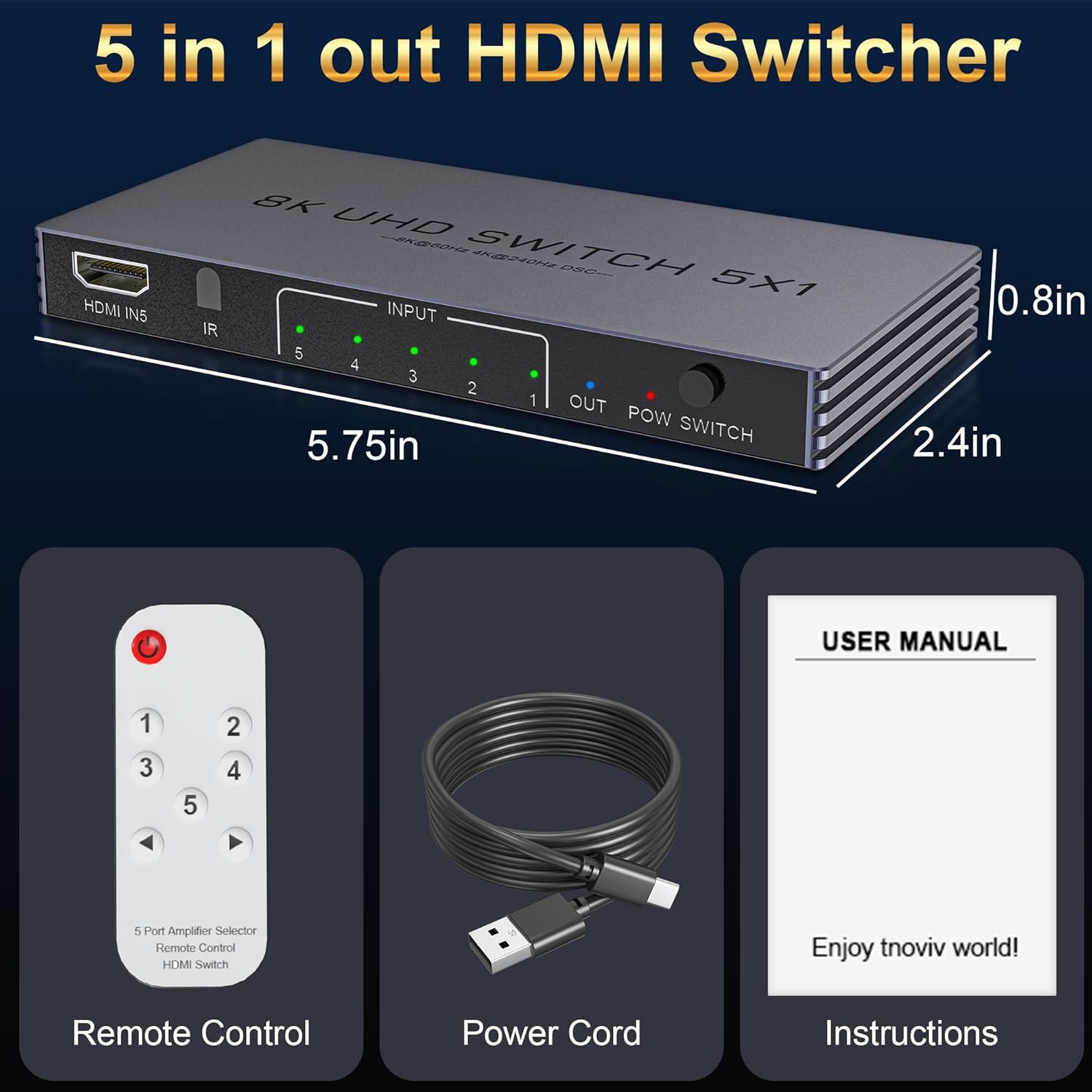HDMI Splitter 5 in 1 Out 4K@240Hz 8K@60Hz HDMI 2.1 Switcher Splitter Support HDR10+ HDCP 2.3 CEC with Power Adapter Compatible with PS5/4 Xbox Nintendo Switch Roku Apple TV Fire Stick
