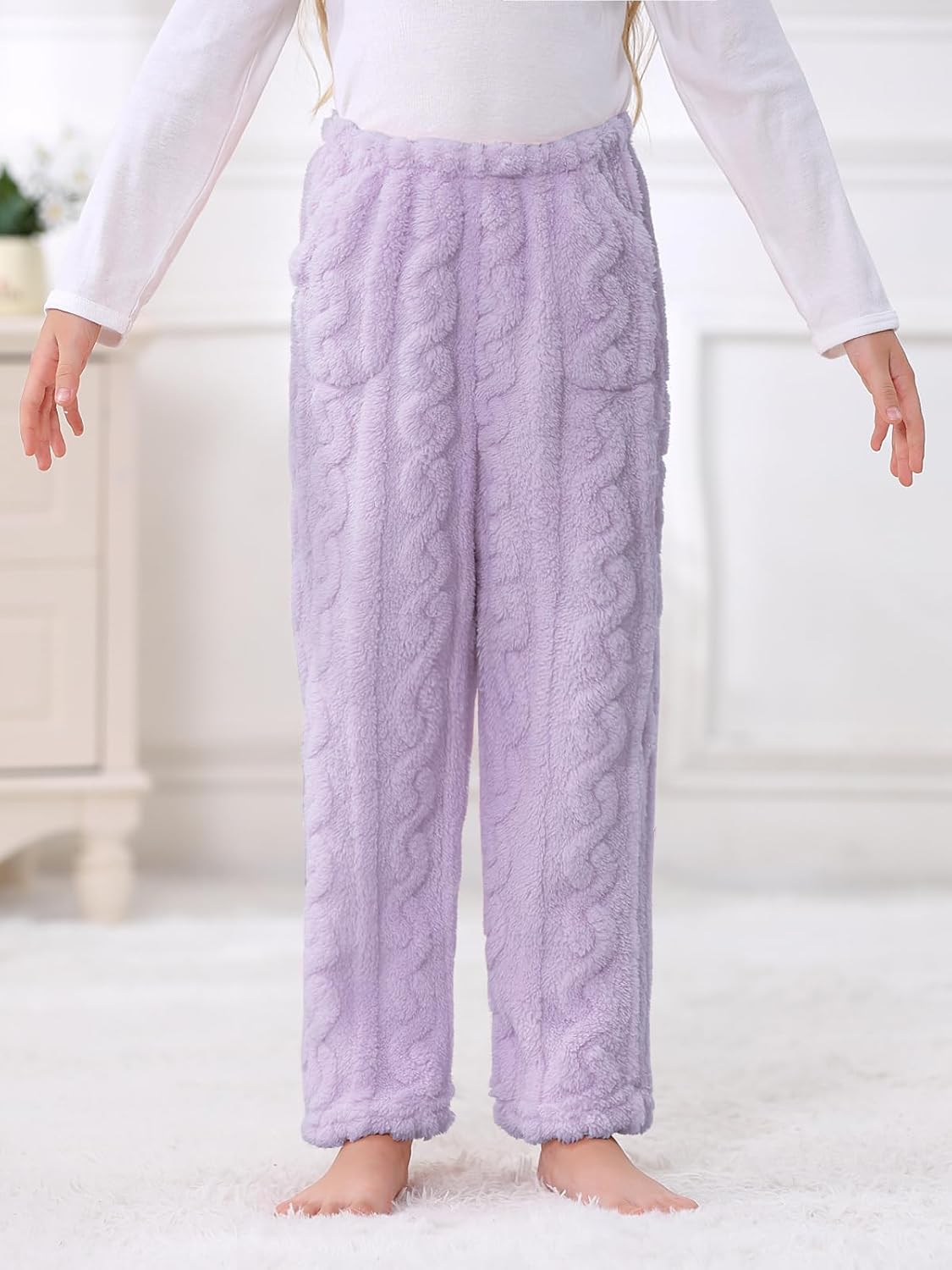 Umeyda Girl's Women's Fuzzy Pajama Pants Elastic Waist Fleece Plush Loungewear Pj Pants with Pockets, 6Years-XL - Image 4