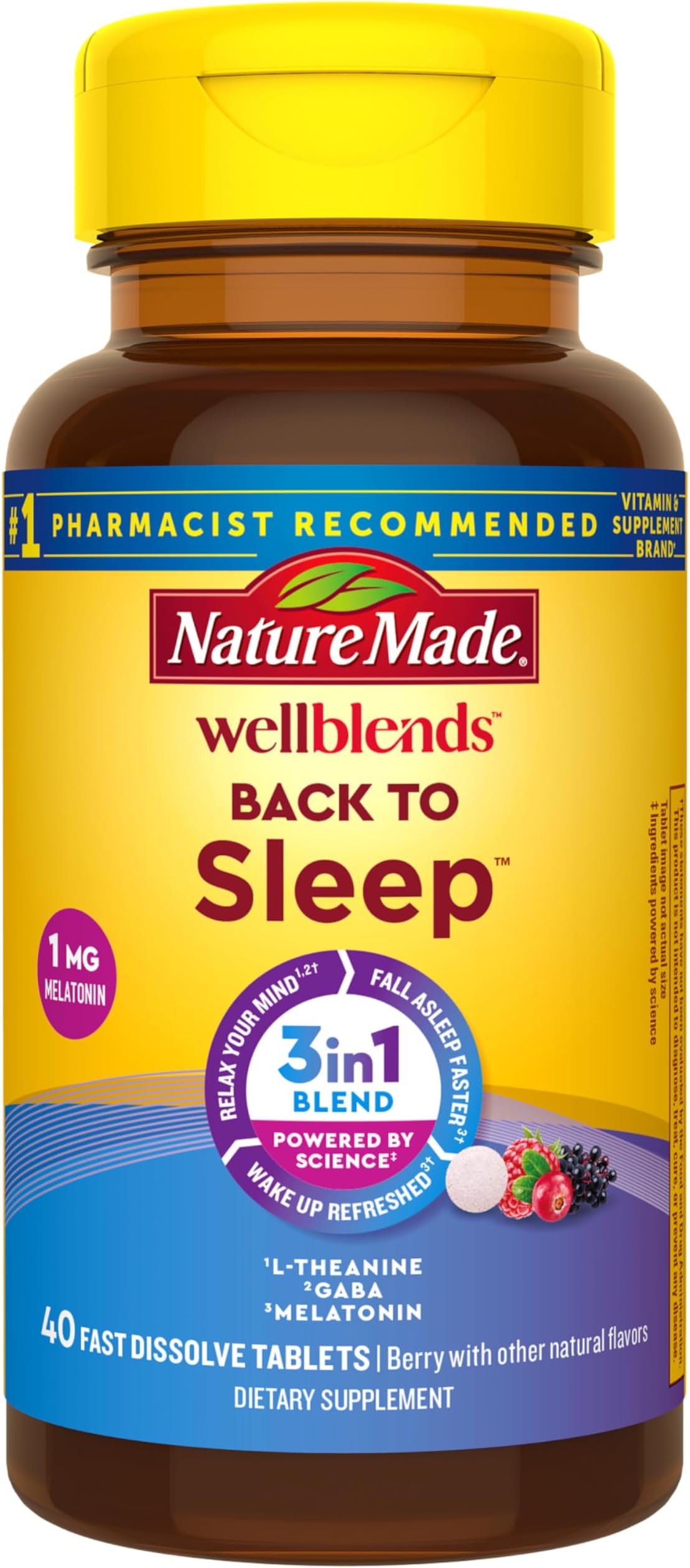 Nature Made Wellblends Back To Sleep, Lower Dose Melatonin 1 mg, L theanine 100 mg and GABA 100mg, Sleep Supplement, 40 Fast Dissolve Tablets