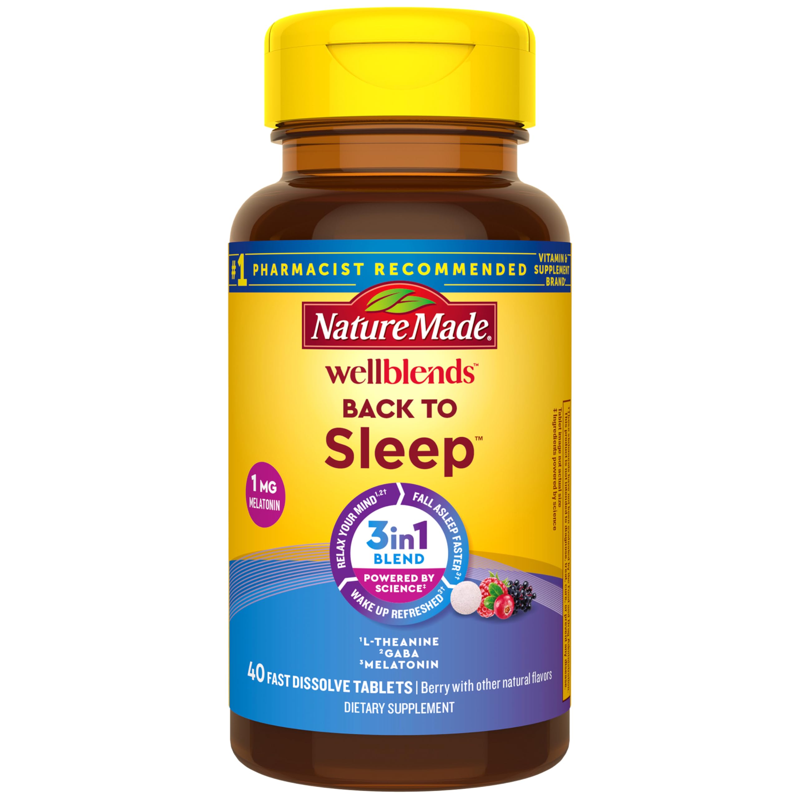 Nature Made Wellblends Back To Sleep, Lower Dose Melatonin 1 mg, L theanine 100 mg and GABA 100mg, Sleep Supplement, 40 Fast Dissolve Tablets