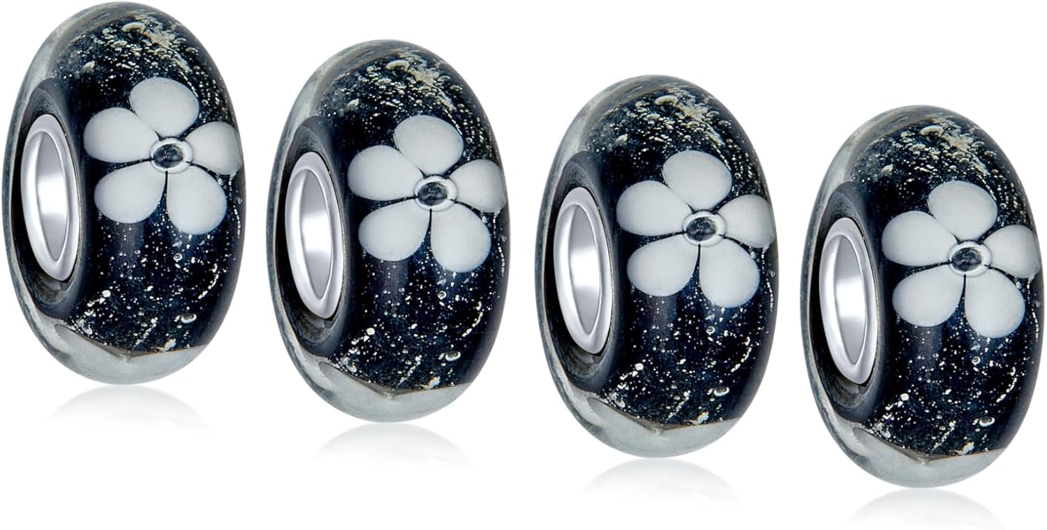 Bling Jewelry Set of Four Translucent Floral Black White Flower Spacer Charm Bead Fits European Bracelet for Women Teen Murano Glass .925 Sterling Silver Core