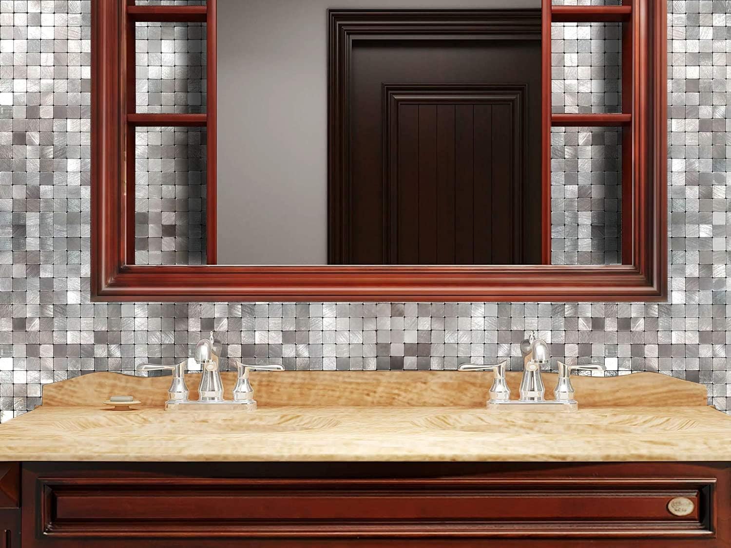 XUANINY 5-Sheet Peel and Stick Metal Backsplash Tiles, Silver Frosted Surface Square Aluminum Mosaic Sticker for Kitchen Wall Bathroom(11.61"x11.61" Per Sheet,Pack of 5pcs) (Silver Grey)