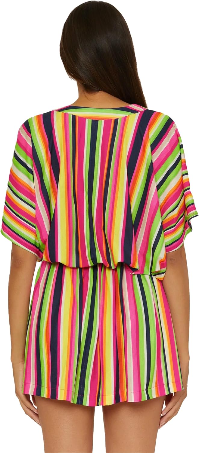 Trina Turk Women's Anniversary Stripe Tunic, Plunge V-neck, Casual, Beach Cover Ups for Women