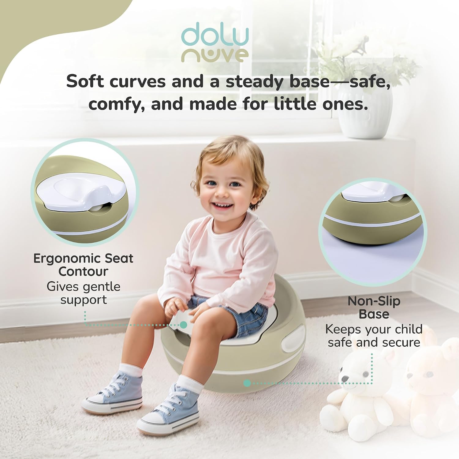 Dolu Nuve Premium Potty Training Seat for Toddlers, Portable Toilet Chair with High Backrest, Non-Slip Base and Removable Inner Bowl, Eco Green