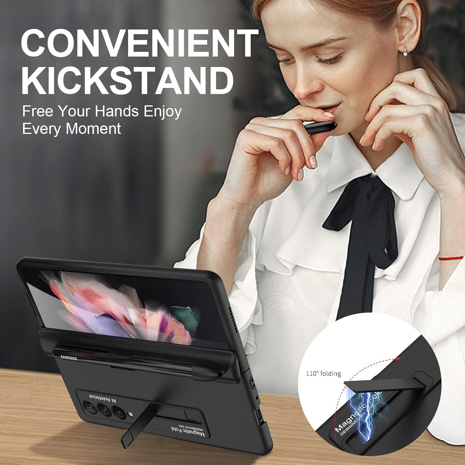 for Samsung Galaxy Z Fold 3 Case,Hinged Protective case with Pen Holder,with Screen Protector,Built-in Magnetic Stand,for Samsung Z Fold 3 5G (Black)