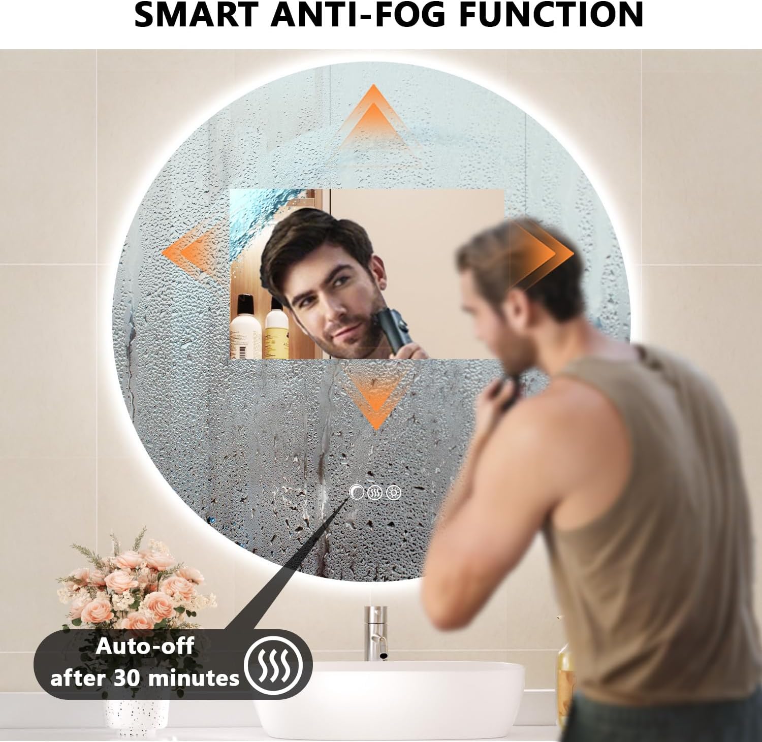 30'' Circle LED Mirror, Frameless Round Smart Mirror with Backlit & Half Moon Light, Anti-Fog, 3 Color Modes, Dimmable Wall-Mounted LED Vanity Mirrors for Bathroom, Bedroom, Entryway