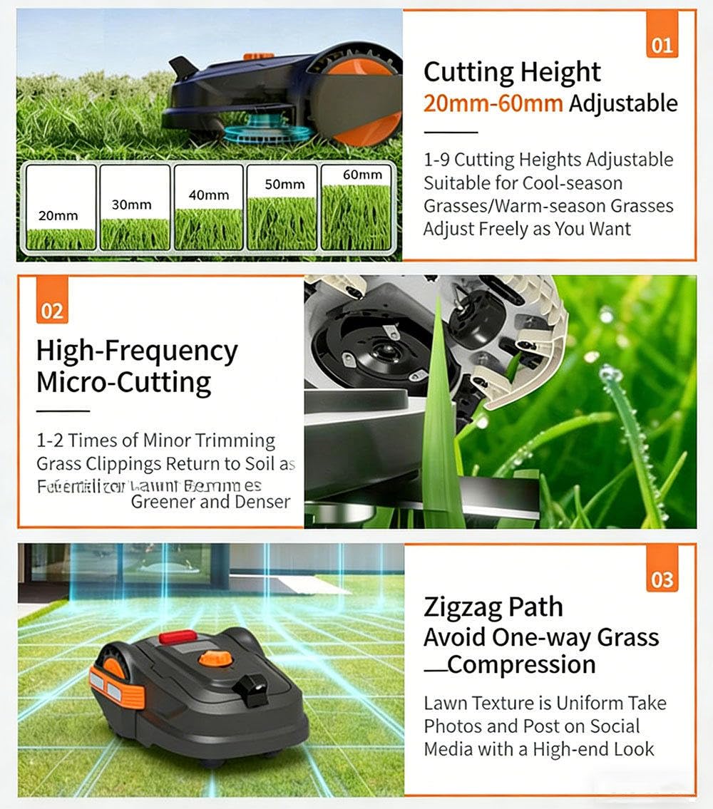 Smart - Cortacésped robótico de 300 m², área de corte controlada por aplicación con prevención de obstáculos, recarga automática, altura de corte ajustable para jardines