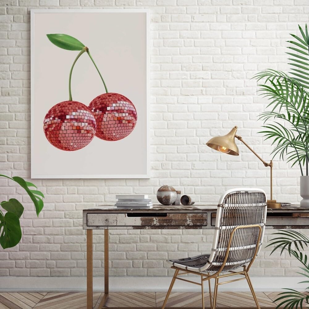 Generic Cherry Disco Poster Minimalist Collegiate Wall Art Disco Ball Prints Pink Disco Ball Cherry Canvas Print Disco Poster Living Room Bar Wall Decoration24x36in Framed, style-4