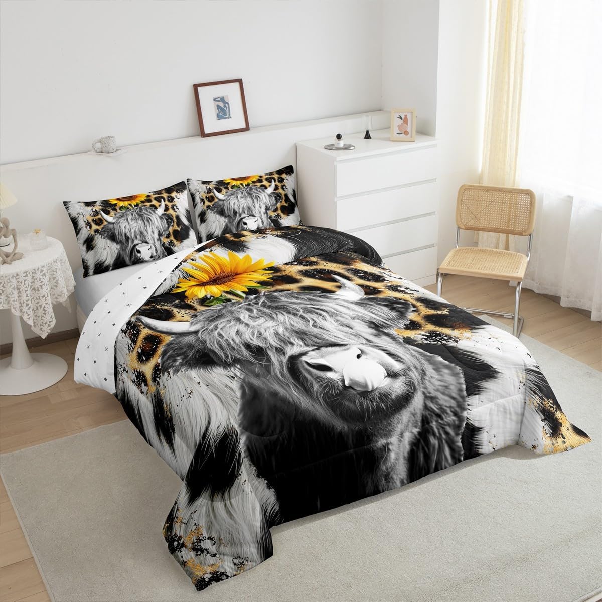 Feelyou Kids Toddler Size Cowhide Highland Cow Bedding Set Sunflower Comforter Set Cow Fur Comforter for Kids Boys Girls Farmhouse Duvet Insert Adult Bedroom Decor with 1 Pillow Case