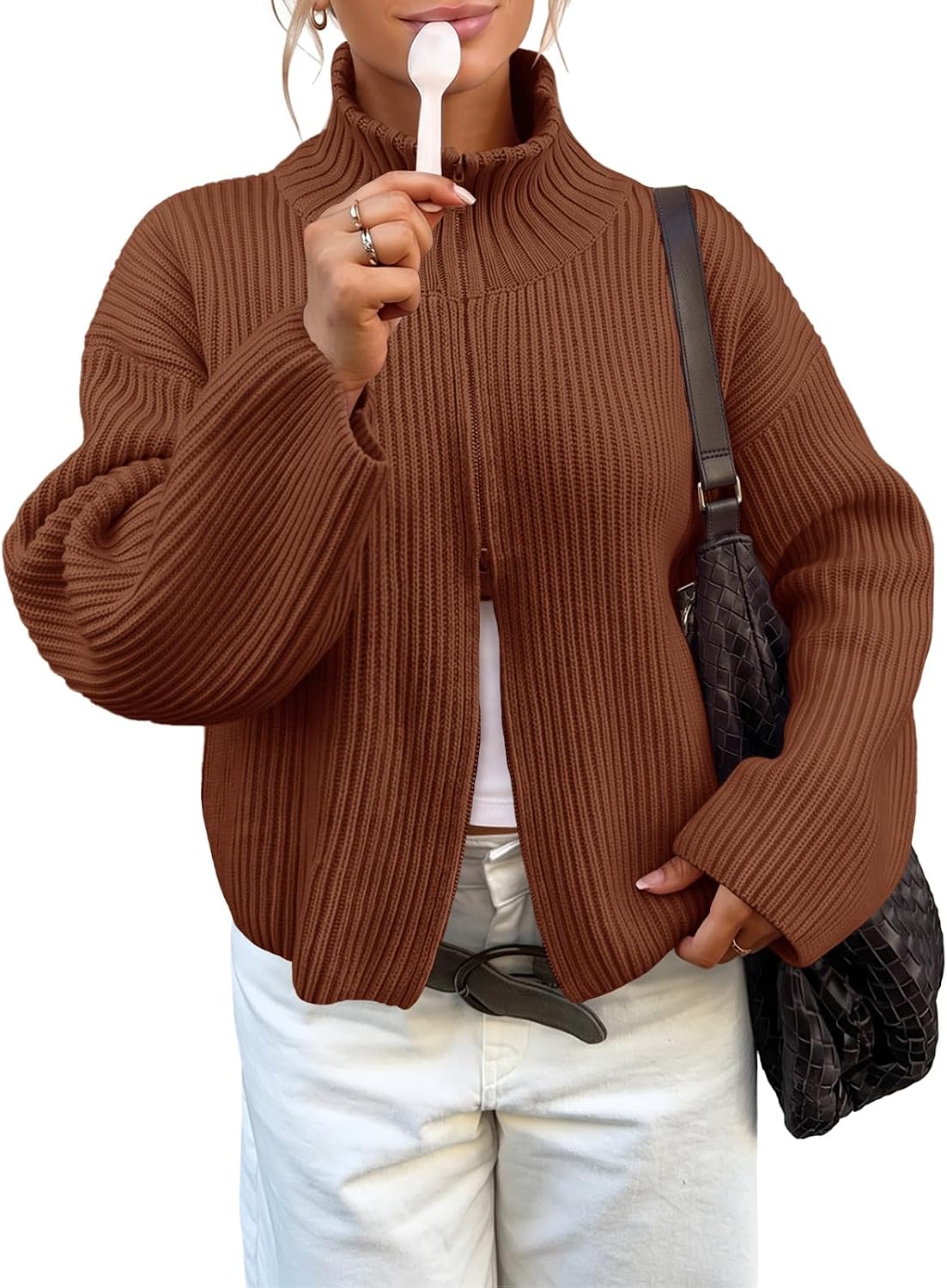 Womens Zip Up Chunky Cardigan Ribbed Knit Mock Neck Sweater Jacket