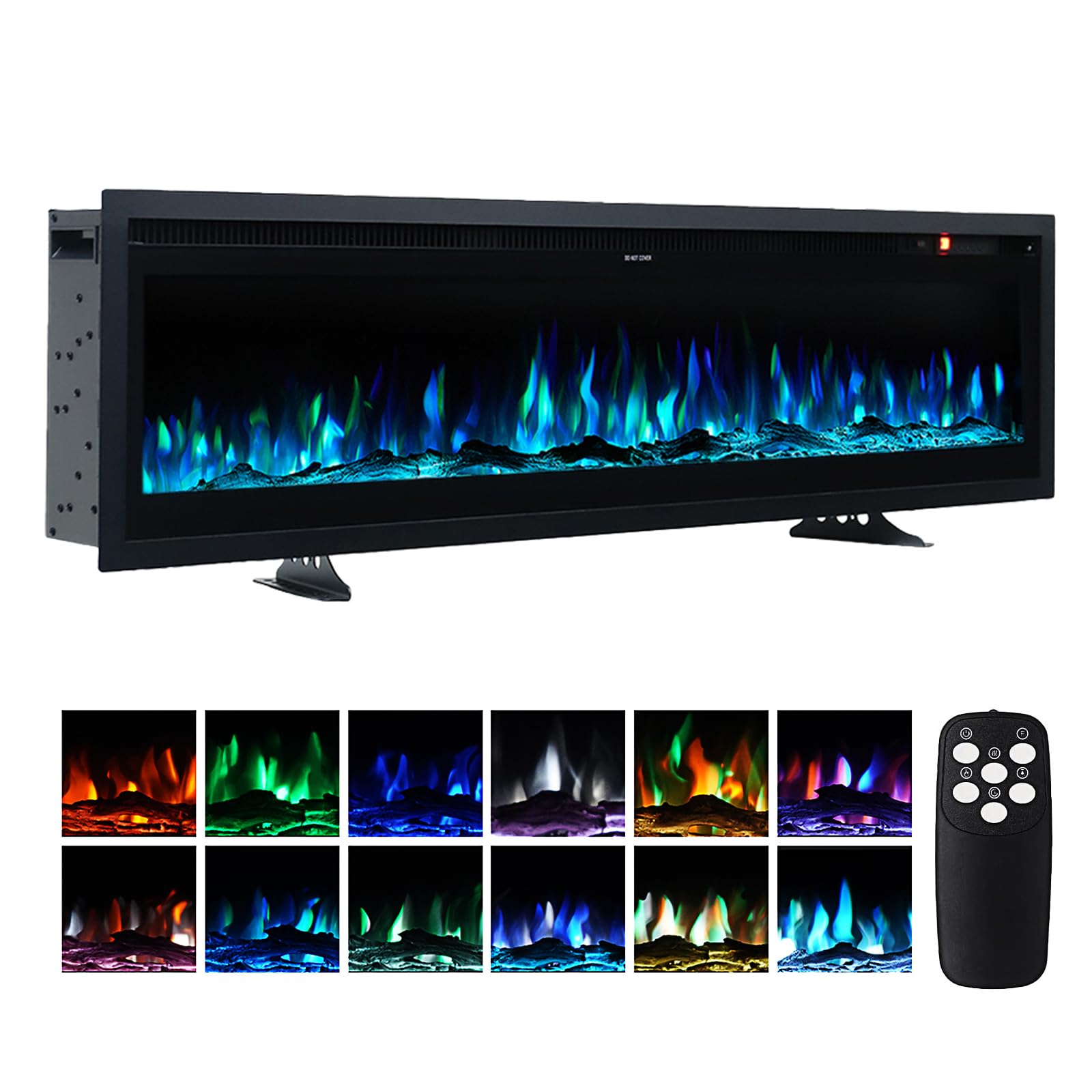 WarmieHomy 50inch/127cm Electric Fire Insert/Wall Mounted/Freestanding Electric Fireplace with Remote Control, 9 LED Color Flame Effect Media Wall Fire, 2 Heat Modes 900W&1800W, Crystal & Log Set