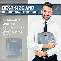Vista 3 de Silver Merchandise - Bolsas de plástico para compras, paquete de 100 unidades de 9 x 12 pulgadas con 2 mil de grosor, asas troqueladas, perfectas