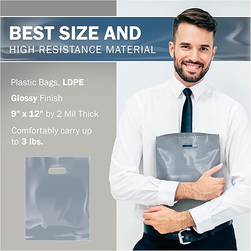 Miniatura 3 de Silver Merchandise - Bolsas de plástico para compras, paquete de 100 unidades de 9 x 12 pulgadas con 2 mil de grosor, asas troqueladas, perfectas