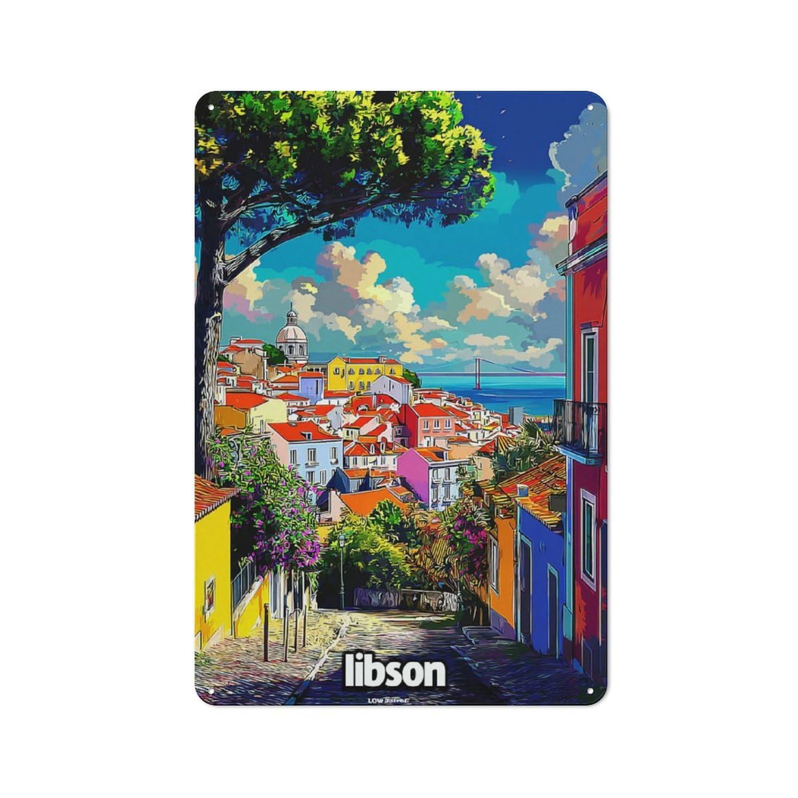 Junmoney Colorful Lisbon Street Scene Vintage Vintage Metal Sign 30X20cm Featuring Room Wall Plaque For Flat, Dorm Room, Lounge Or Cafe