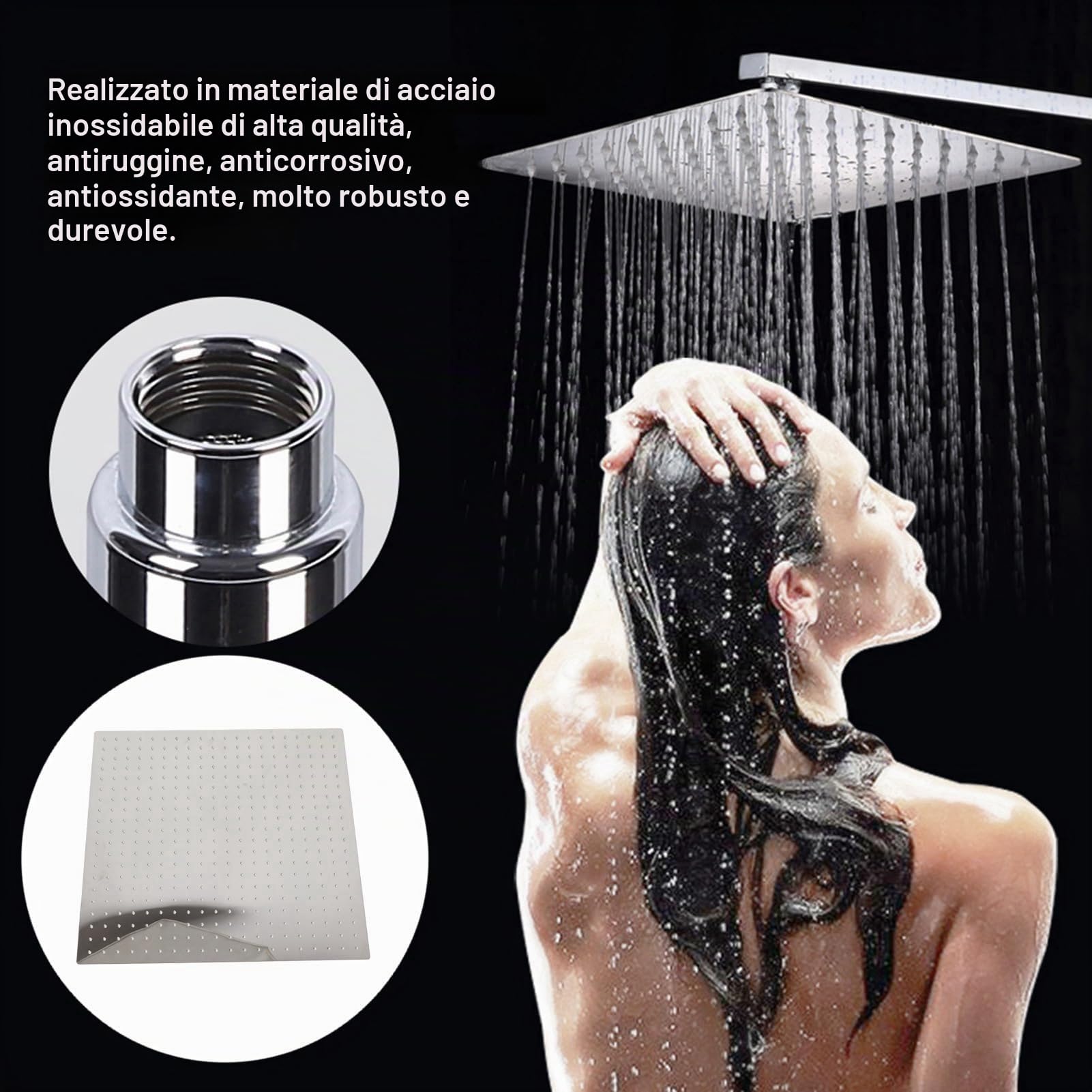 Soffione doccia a pioggia da 20 pollici, soffione doccia a pioggia da incasso, soffione doccia in acciaio inox, quadrato, 50 x 50 cm