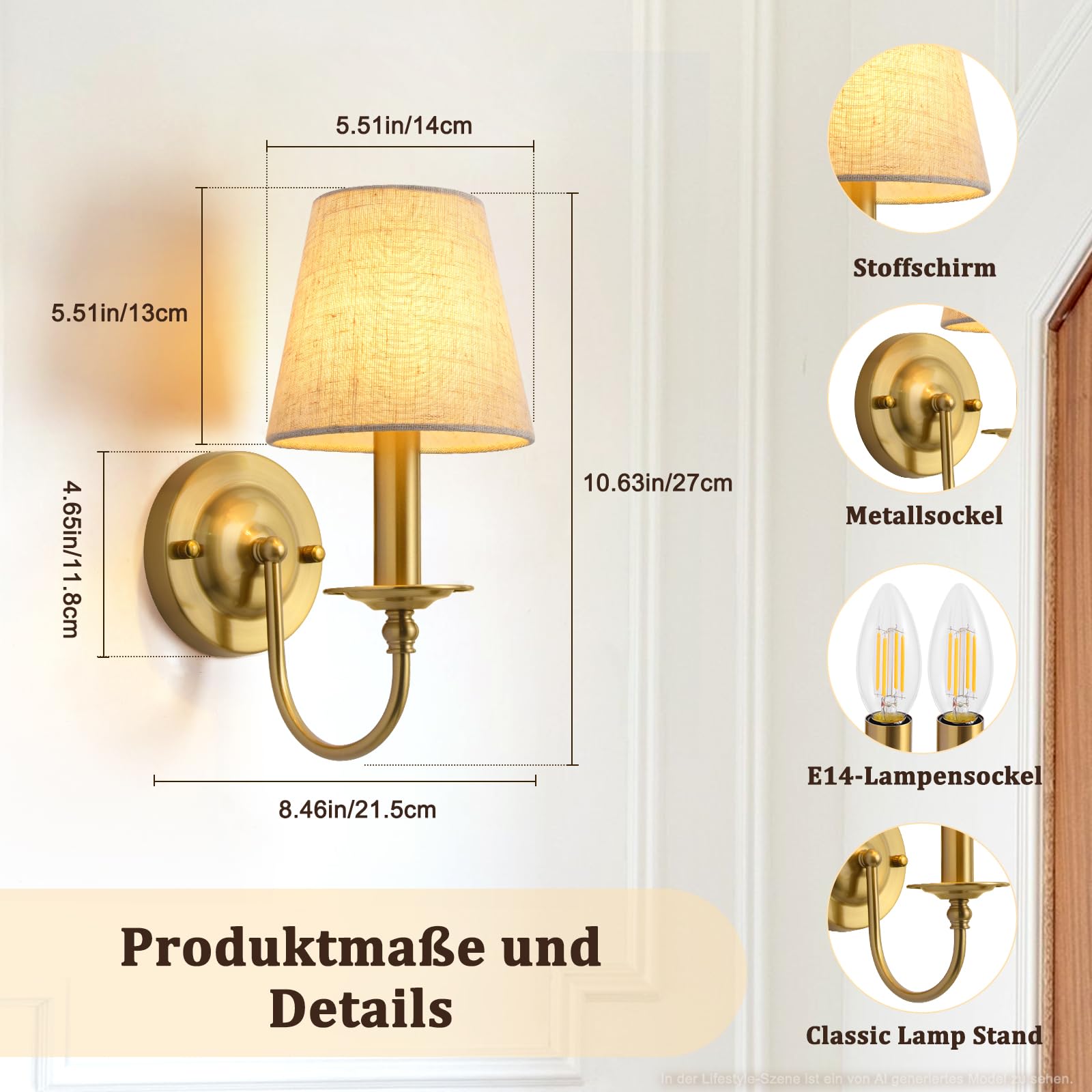 Wandleuchte Gold, 2 Stück Wandlampe Innen, E14 Wandlampen Gold mit Stoffschirm, Wandleuchten Vintage Feste Verkabelung für Flur, Treppenhaus, Wohnzimmer, Schlafzimmer