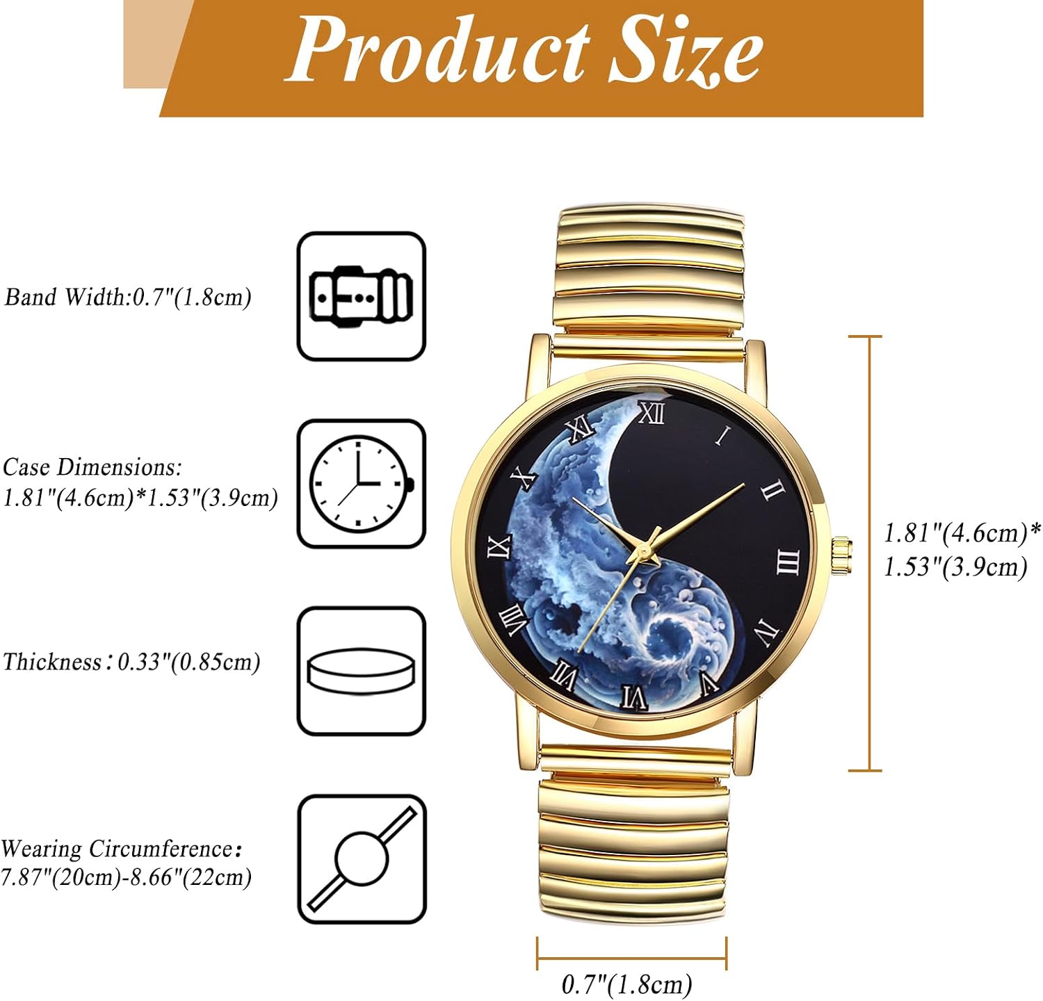 JewelryWe Men Women Couple Watch: His and Her Gold Pairs Watches Roman Numerals Tai Chi Yin-Yang Design Quartz Analog Elastic Band Wristwatch for Mother's Day image 4