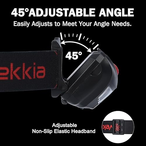 Vista 12 de Vekkia Linterna frontal LED ultra brillante, 5 modos de iluminación, lámpara de cabeza LED blanco y rojo, accesorios de campamento. Faro impermeable