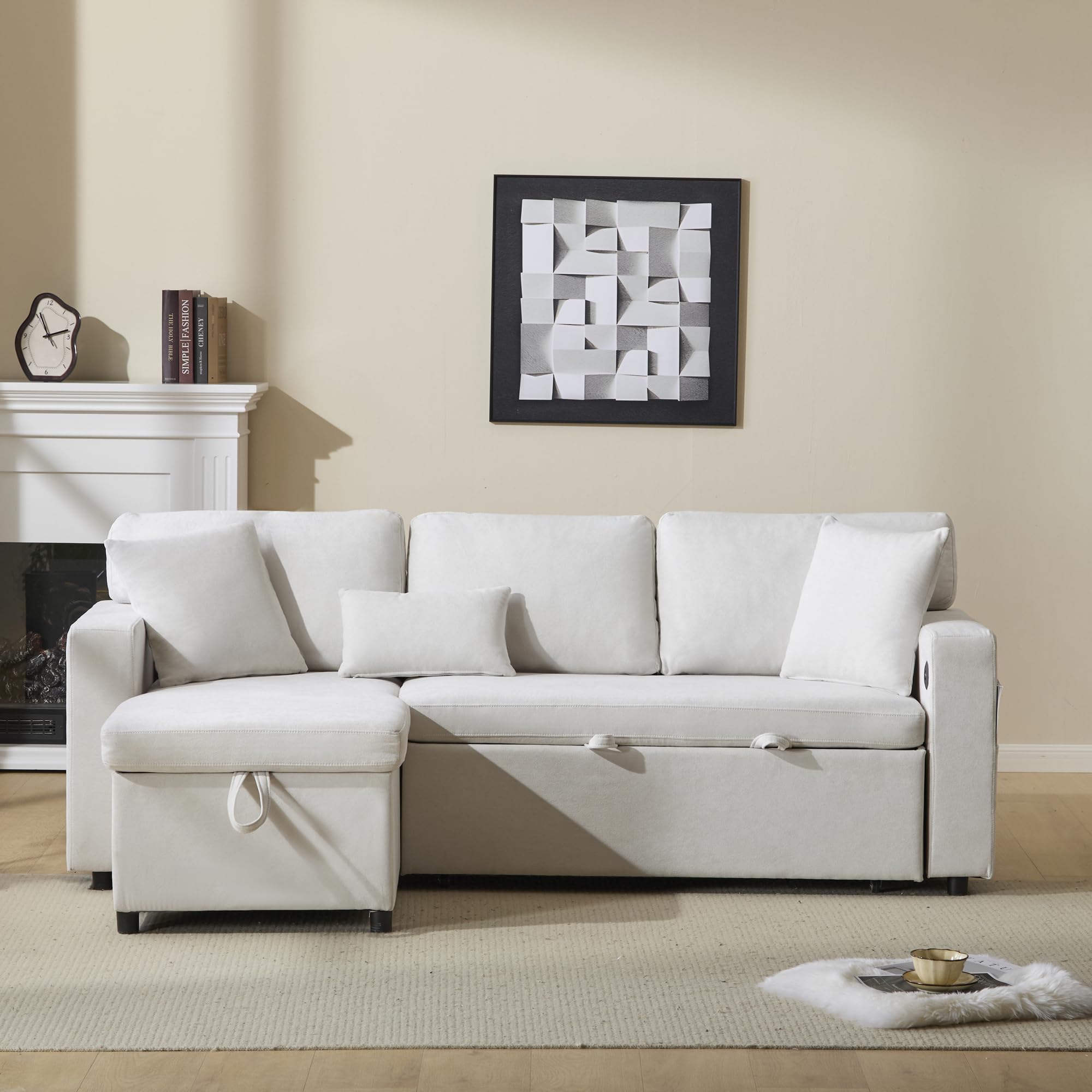 Divano angolare con funzione letto, divano letto a forma di L, allungabile con contenitore, pouf flessibile intercambiabile, divano a 3 posti con ottomana per soggiorno, beige (beige1, 3