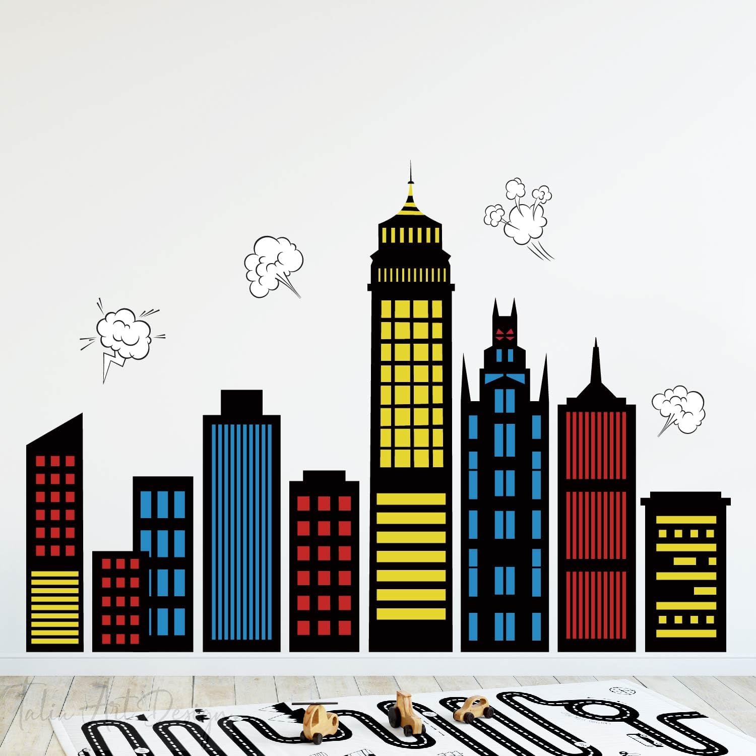 Superhero City Skyline Wall Decals - Colorful Cityscape Comic Scene for Kids’ Room, Nursery, and Playroom Decorations, Vinyl City Building Stickers