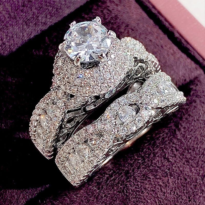 RKKOJJO 925 Sterling Silver Bridal Rings Sets AAA Cubic Zirconia CZ Full Diamond Engagements Rings Wedding 2 Pcs Promise Anniversary White Gold Rings for Women Size 9 - Image 2