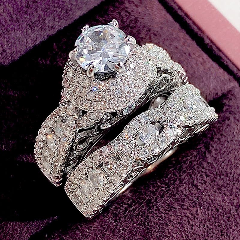 RKKOJJO 925 Sterling Silver Bridal Rings Sets AAA Cubic Zirconia CZ Full Diamond Engagements Rings Wedding 2 Pcs Promise Anniversary White Gold Rings for Women Size 72