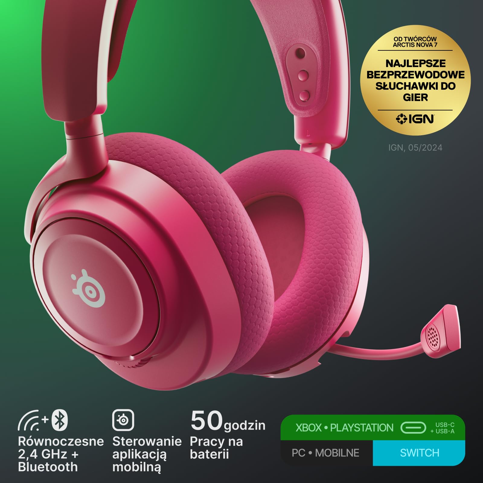 SteelSeries Arctis Nova 7X Wireless Gen 2 do gier -sterowanie aplikacją w czasie rzeczywistym - 50H + -przetworniki magnetyczne z magnesem neodymowym -miks 2,4 GHz/Bluetooth-Xbox,PS5,Switch 1/2,mobile