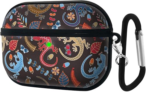 Funda protectora de piel sintética a prueba de golpes compatible con AirPods Pro - Lagartos, hojas, flores y bellotas sobre un fondo negro disponible en Yaxa Guatemala