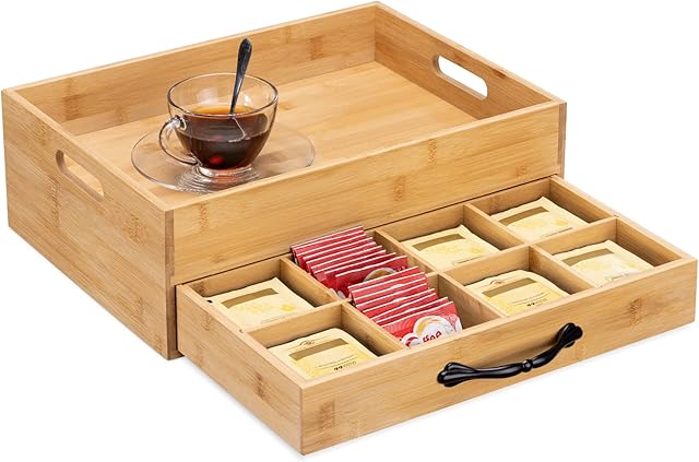 Navaris Bamboo Tea Box and Tray - Serving Tray with Storage for Tea Bags with Bag Organiser Drawer - 12 Compartment Tea Storage with Carry Tray