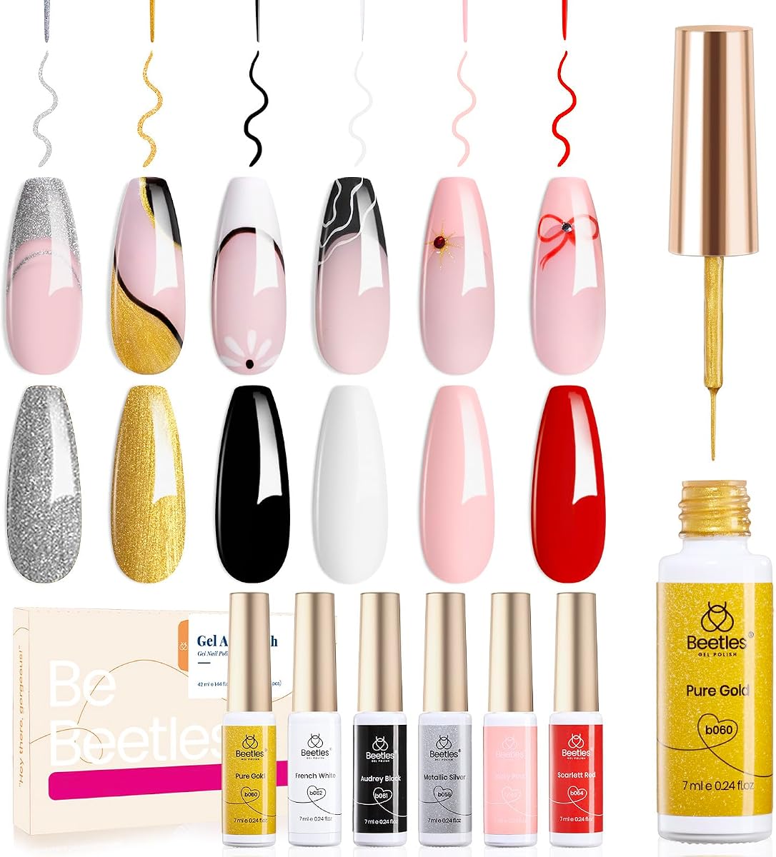 Beetles Gel Liner Nail Polish 6 Pcs White French Tip Glitters Gold Silver | Pink Black Red Painted Swirl Gel Polish Set Built in Thin Brush Soak off UV LED Lamp Nail Art Gifts for Women