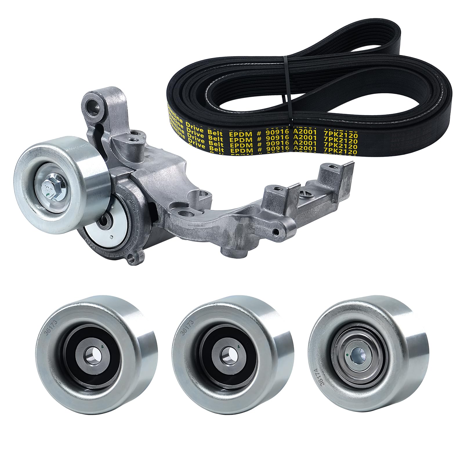 Serpentine Belt Drive Component Kit with Tensioner &amp; Idler Pulley, Fit Toyota 4Runner 2004-2009, Tacoma 2005-2015, Tundra 2005-2010, FJ Cruiser 2007-2009, V6 4.0L, Replace 90K-38411