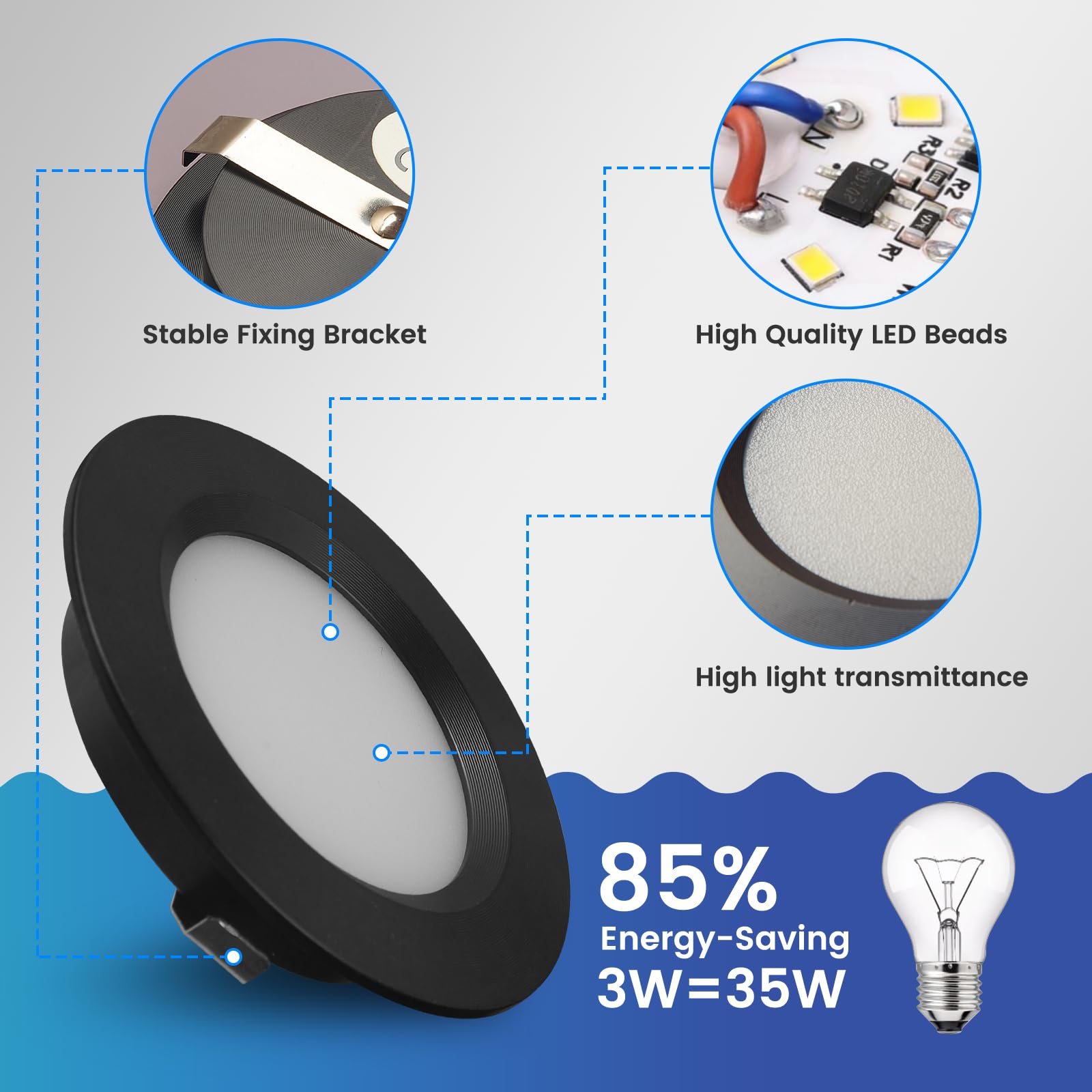 Faretto LED da incasso per mobili, 12 V, ultra piatto, 3 W, foro da 55 mm, con cavo da 2 m, per armadi a specchio, vetrine, mobili e armadi (4 x nero, 3000 K)