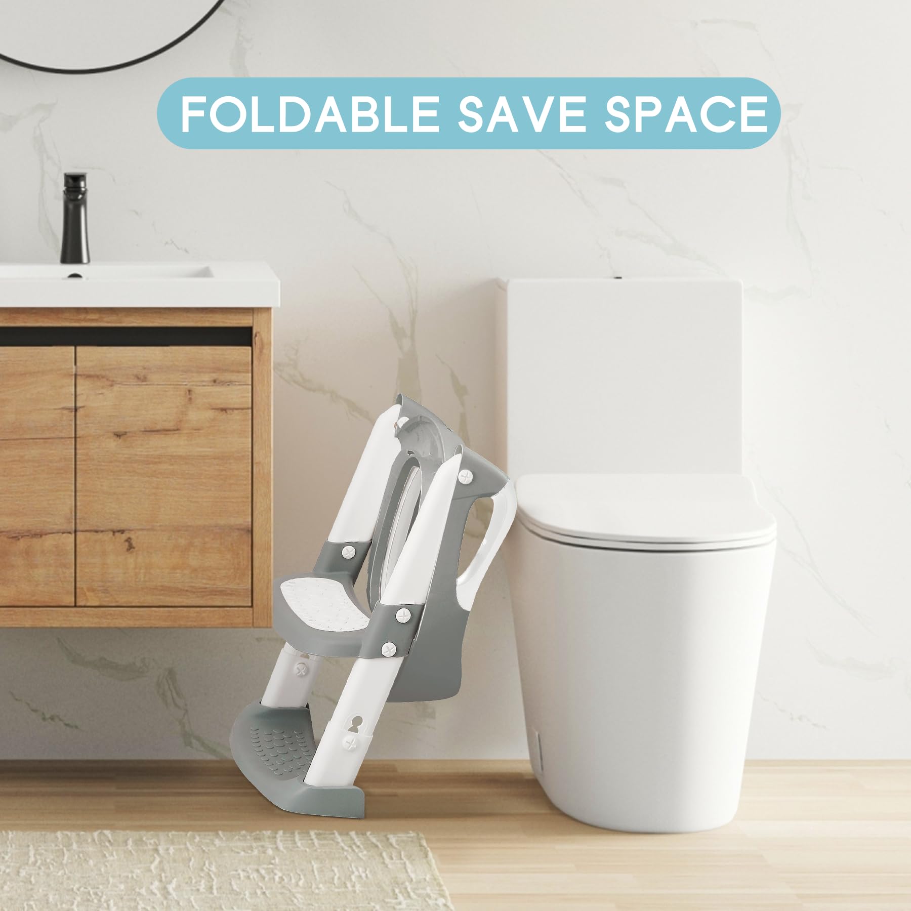 COOSEYA riduttore wc bambini con gradini, sedile per wc bambino Richiudibile Paraspruzzi antiscivolo Imbottitura morbida Maniglie di sicurezza (grigio)