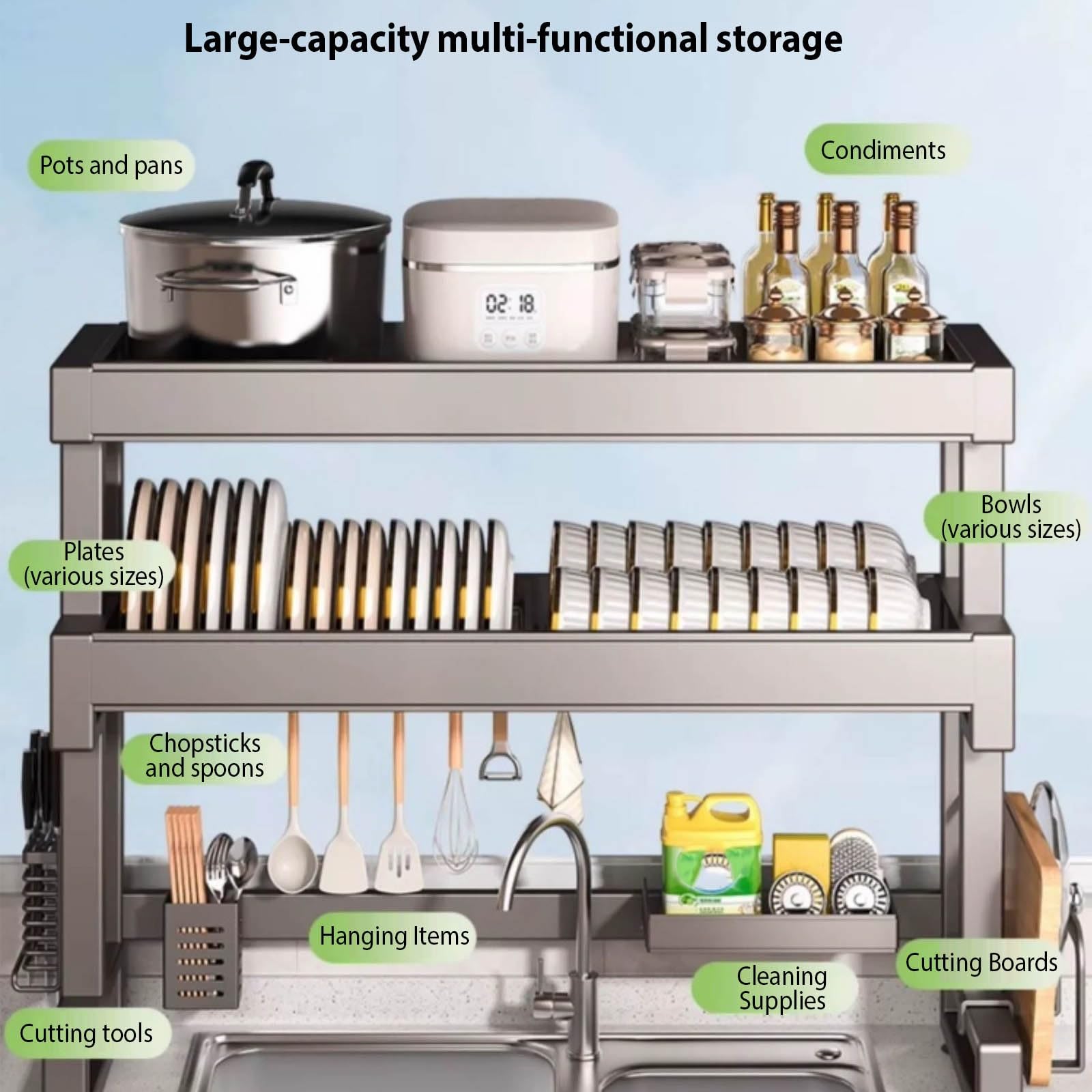 Escurridor de platos de acero inoxidable de 2 niveles para almacenamiento y organización eficientes, se adapta a platos, vasos, cuencos y cubiertos